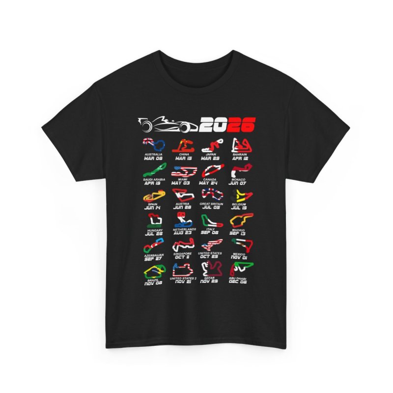 Formula 1 2026 Calendar T-Shirt | Global Racing Circuits Map Graphic Tee | 2026 Grand Prix Schedule Shirt