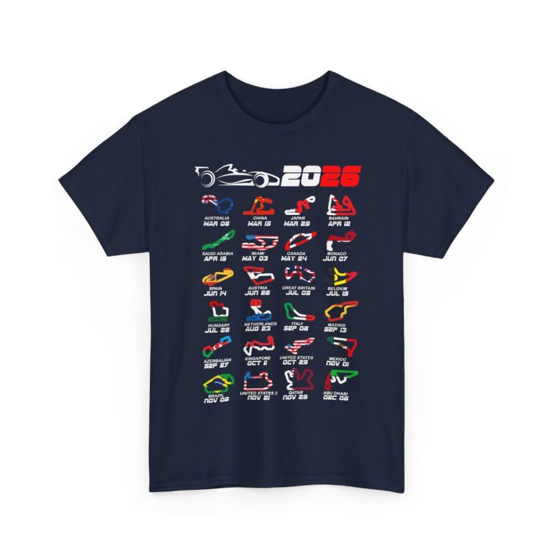 Formula 1 2026 Calendar T-Shirt | Global Racing Circuits Map Graphic Tee | 2026 Grand Prix Schedule Shirt