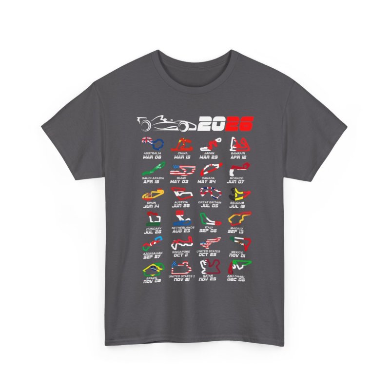 Formula 1 2026 Calendar T-Shirt | Global Racing Circuits Map Graphic Tee | 2026 Grand Prix Schedule Shirt