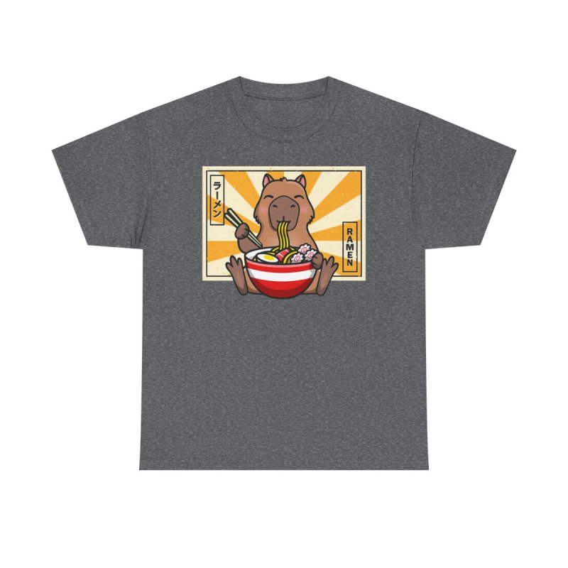 Capybara Ramen T-Shirt | Cute Capybara Eating Noodles Tee | Kawaii Japanese Food Graphic | Ramen Lover Heavy Cotton Shirt
