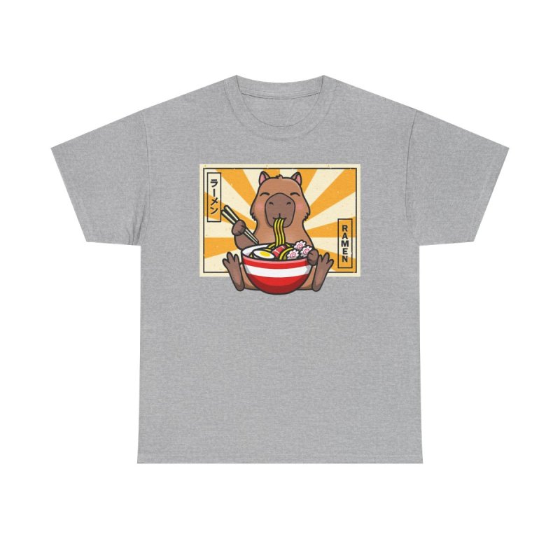 Capybara Ramen T-Shirt | Cute Capybara Eating Noodles Tee | Kawaii Japanese Food Graphic | Ramen Lover Heavy Cotton Shirt