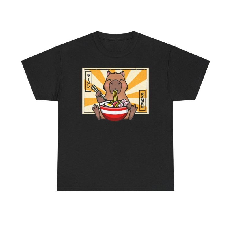 Capybara Ramen T-Shirt | Cute Capybara Eating Noodles Tee | Kawaii Japanese Food Graphic | Ramen Lover Heavy Cotton Shirt