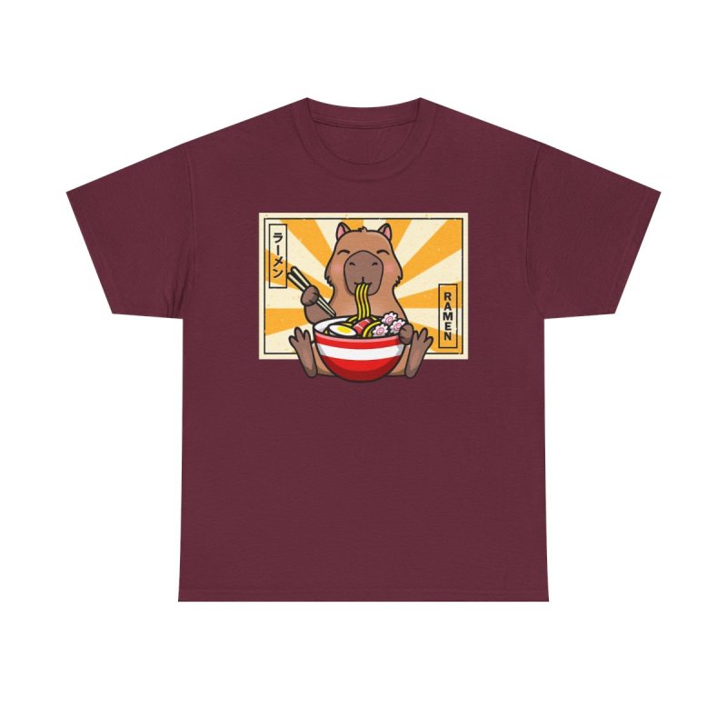 Capybara Ramen T-Shirt | Cute Capybara Eating Noodles Tee | Kawaii Japanese Food Graphic | Ramen Lover Heavy Cotton Shirt