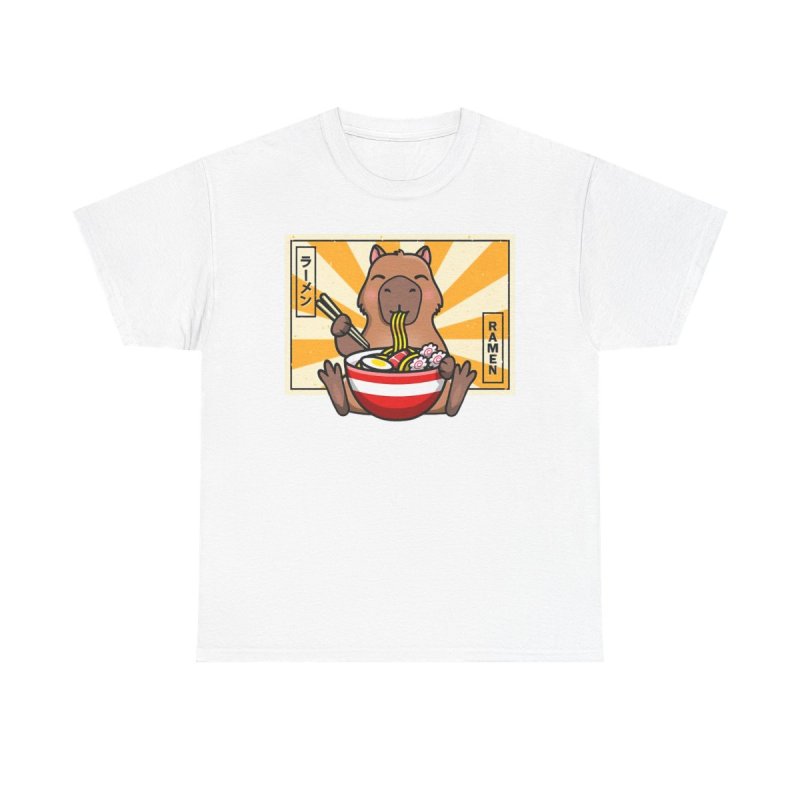 Capybara Ramen T-Shirt | Cute Capybara Eating Noodles Tee | Kawaii Japanese Food Graphic | Ramen Lover Heavy Cotton Shirt
