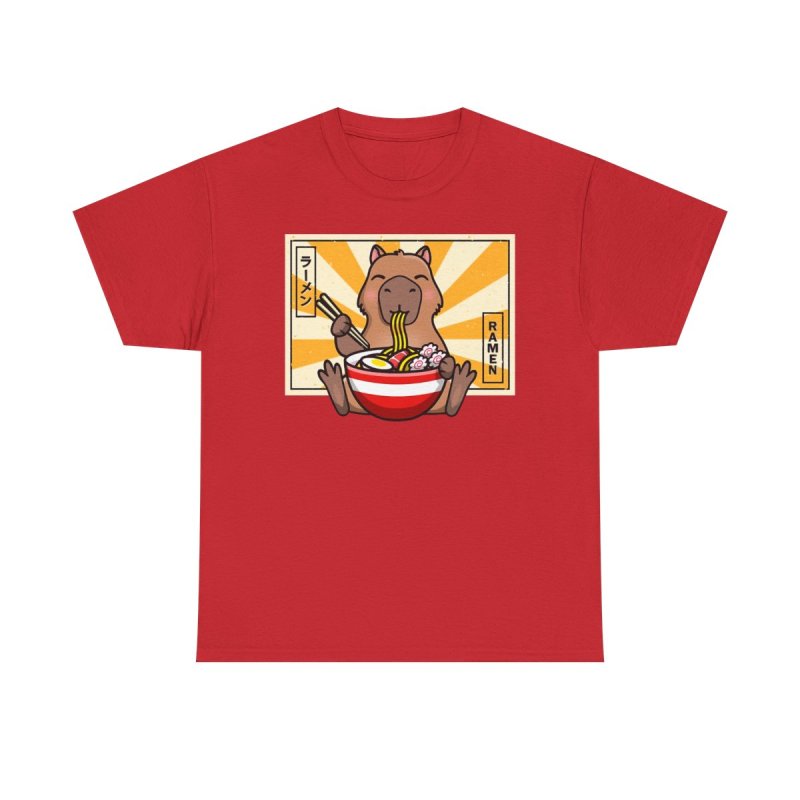 Capybara Ramen T-Shirt | Cute Capybara Eating Noodles Tee | Kawaii Japanese Food Graphic | Ramen Lover Heavy Cotton Shirt