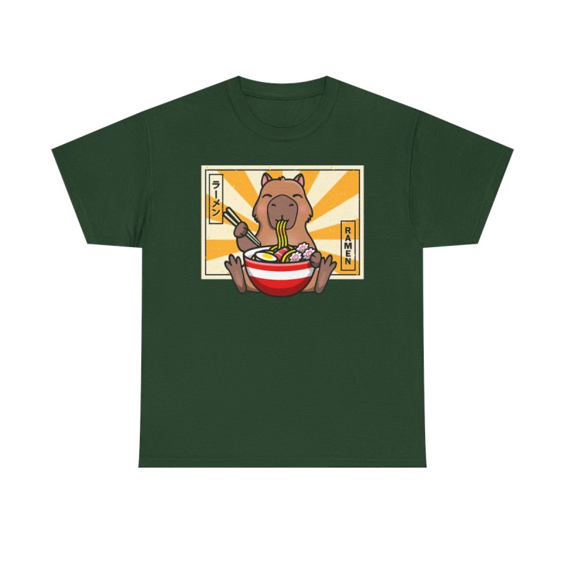 Capybara Ramen T-Shirt | Cute Capybara Eating Noodles Tee | Kawaii Japanese Food Graphic | Ramen Lover Heavy Cotton Shirt
