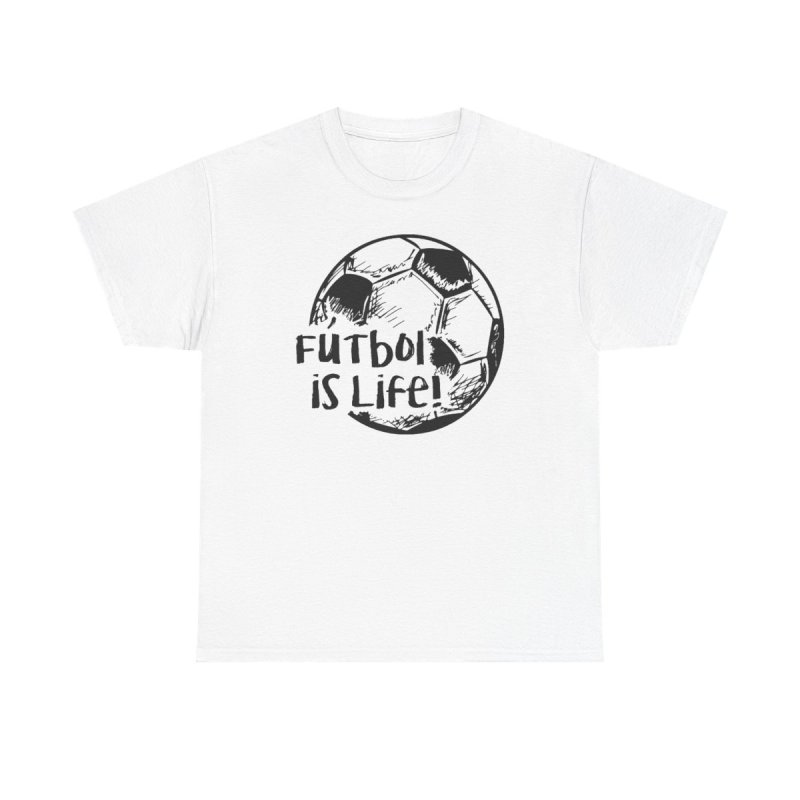 Futbol is Life Heavy Cotton Tee | Hand Drawn Sketched Soccer Ball Graphic T-Shirt | Inspirational Football Player & Fan Apparel