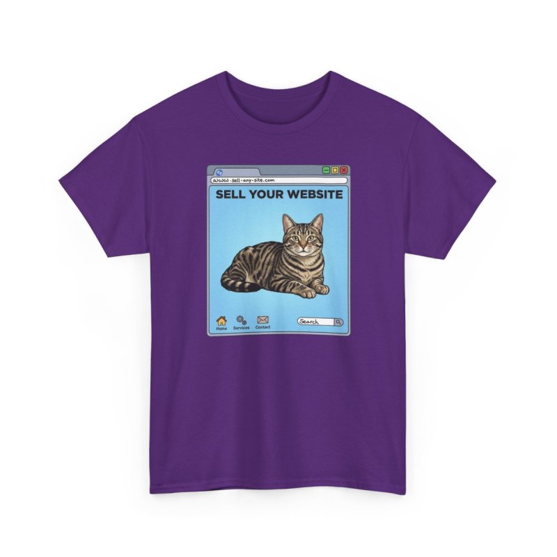 Website Sell Cat T-Shirt | Funny Retro Browser Graphic Tee | Tabby Cat Internet Meme Shirt