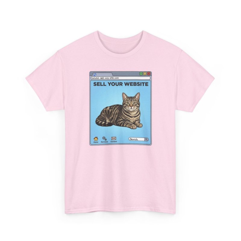 Website Sell Cat T-Shirt | Funny Retro Browser Graphic Tee | Tabby Cat Internet Meme Shirt
