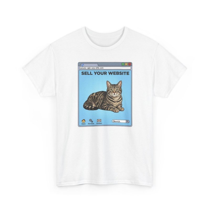Website Sell Cat T-Shirt | Funny Retro Browser Graphic Tee | Tabby Cat Internet Meme Shirt