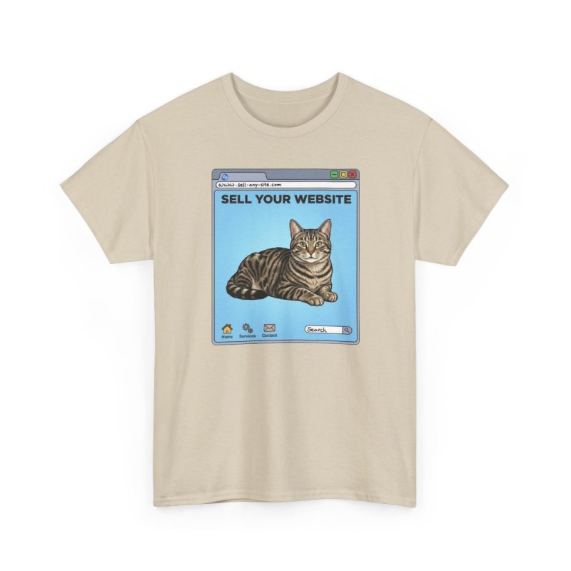 Website Sell Cat T-Shirt | Funny Retro Browser Graphic Tee | Tabby Cat Internet Meme Shirt