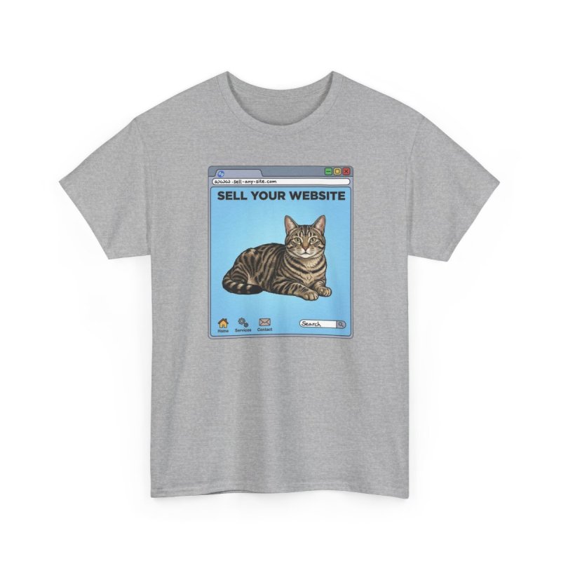 Website Sell Cat T-Shirt | Funny Retro Browser Graphic Tee | Tabby Cat Internet Meme Shirt