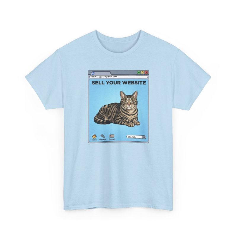 Website Sell Cat T-Shirt | Funny Retro Browser Graphic Tee | Tabby Cat Internet Meme Shirt