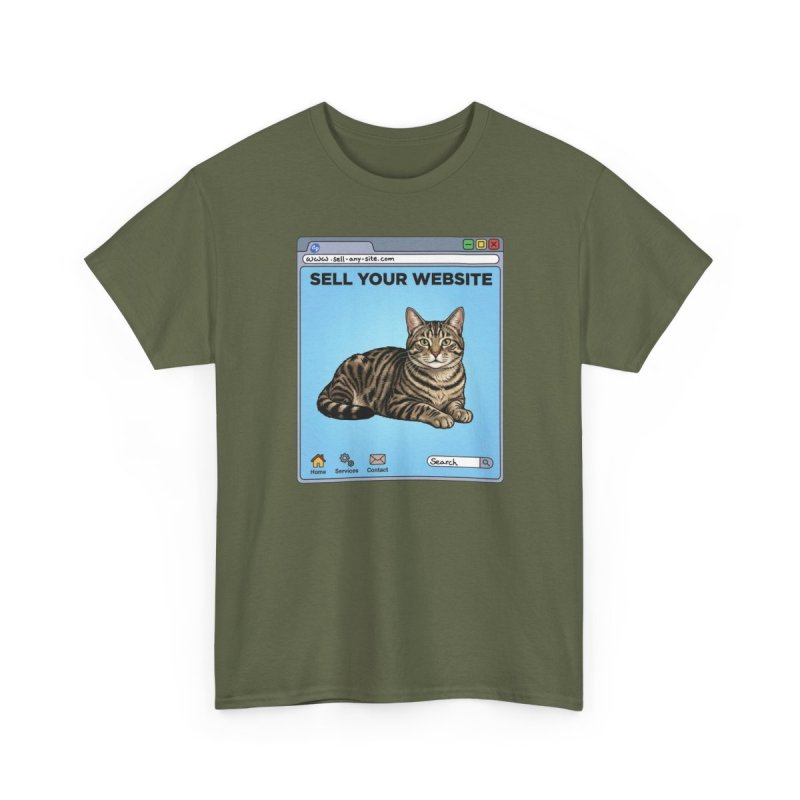 Website Sell Cat T-Shirt | Funny Retro Browser Graphic Tee | Tabby Cat Internet Meme Shirt