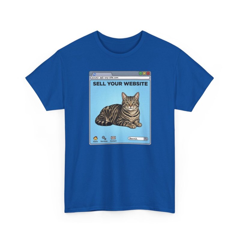 Website Sell Cat T-Shirt | Funny Retro Browser Graphic Tee | Tabby Cat Internet Meme Shirt