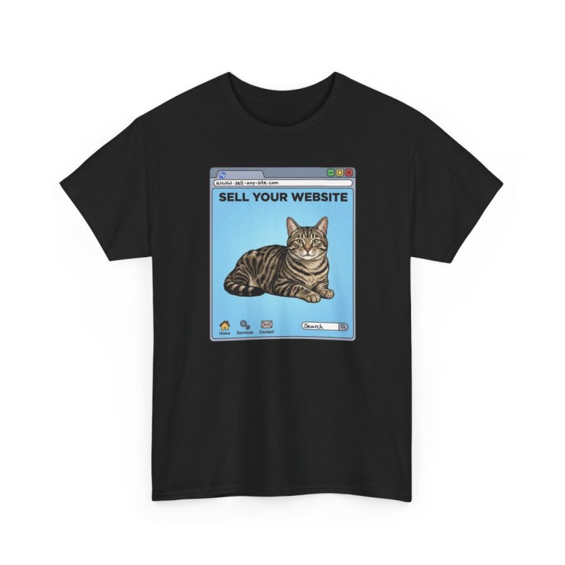 Website Sell Cat T-Shirt | Funny Retro Browser Graphic Tee | Tabby Cat Internet Meme Shirt