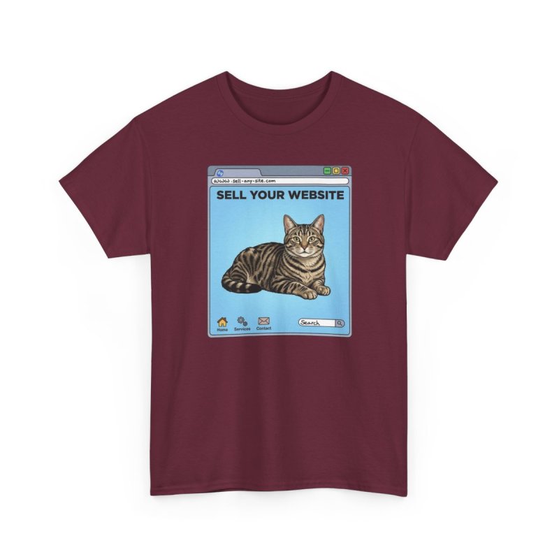 Website Sell Cat T-Shirt | Funny Retro Browser Graphic Tee | Tabby Cat Internet Meme Shirt