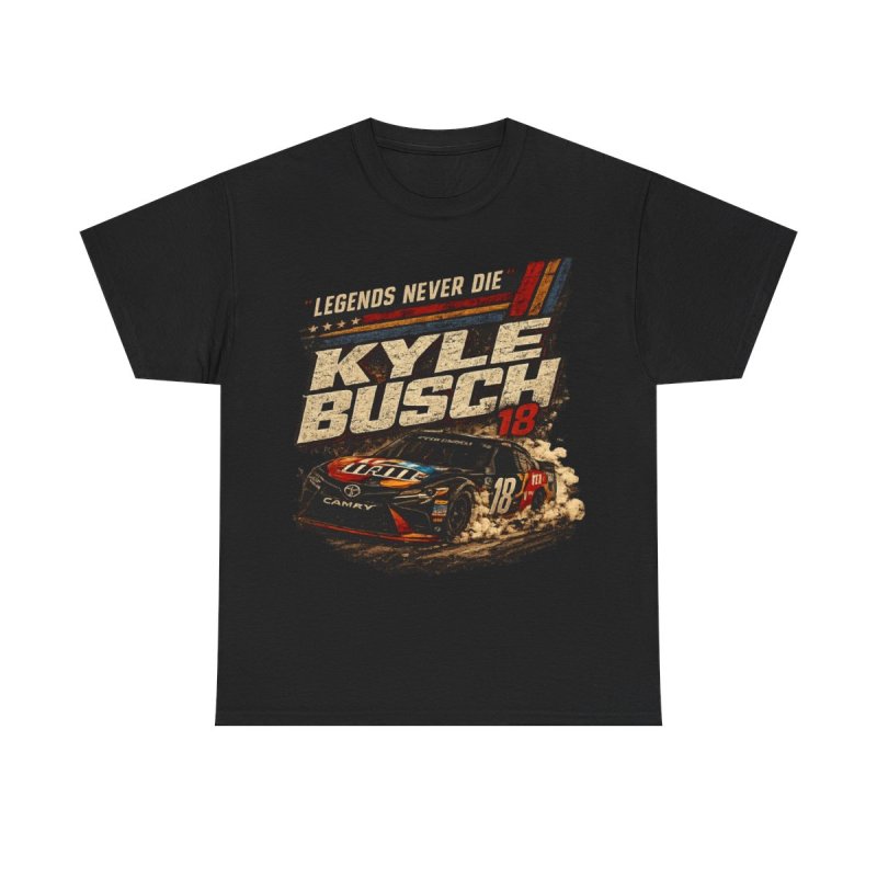 Legends Never Die Kyle Busch | Vintage Retro Stock Car Racing Graphic T-Shirt | Number 18 Camry Motorsport Fan Apparel