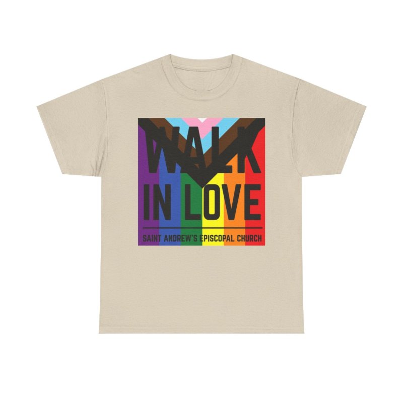 Pride Walk in Love Saint Andrew's Episcopal Church | Progress Pride Rainbow Graphic T-Shirt | Faith Based LGBTQIA+ Ally Advocacy Apparel