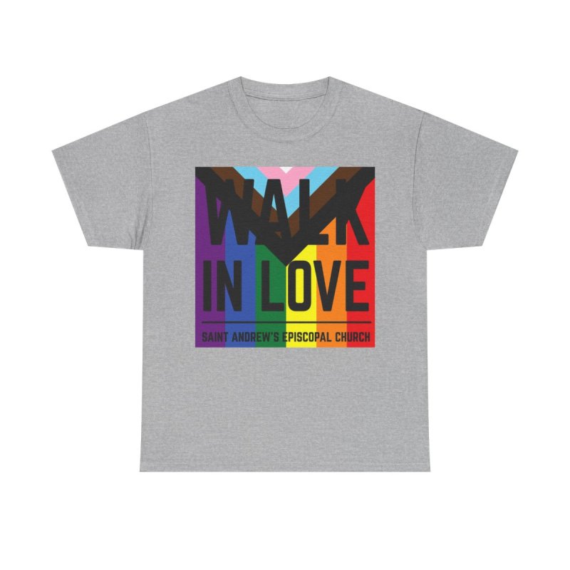 Pride Walk in Love Saint Andrew's Episcopal Church | Progress Pride Rainbow Graphic T-Shirt | Faith Based LGBTQIA+ Ally Advocacy Apparel