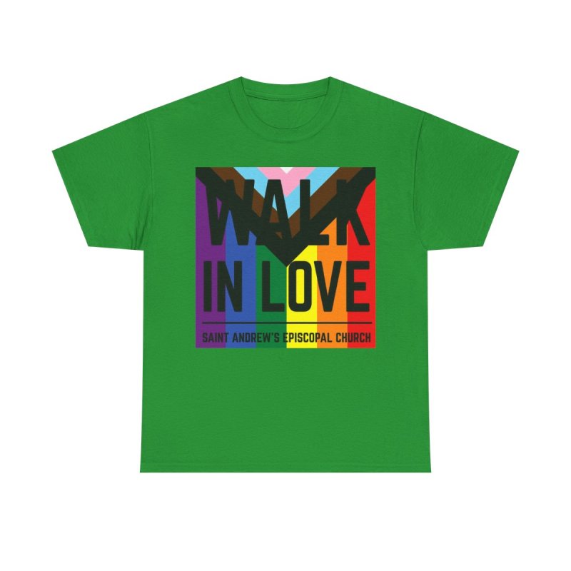 Pride Walk in Love Saint Andrew's Episcopal Church | Progress Pride Rainbow Graphic T-Shirt | Faith Based LGBTQIA+ Ally Advocacy Apparel