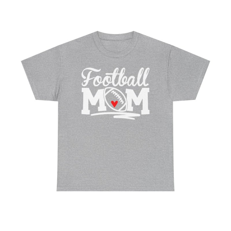 Proud Football Mom Heavy Cotton Tee | Cursive Heart Football Graphic T-Shirt