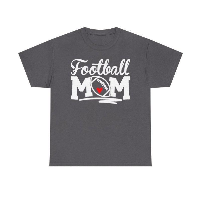 Proud Football Mom Heavy Cotton Tee | Cursive Heart Football Graphic T-Shirt