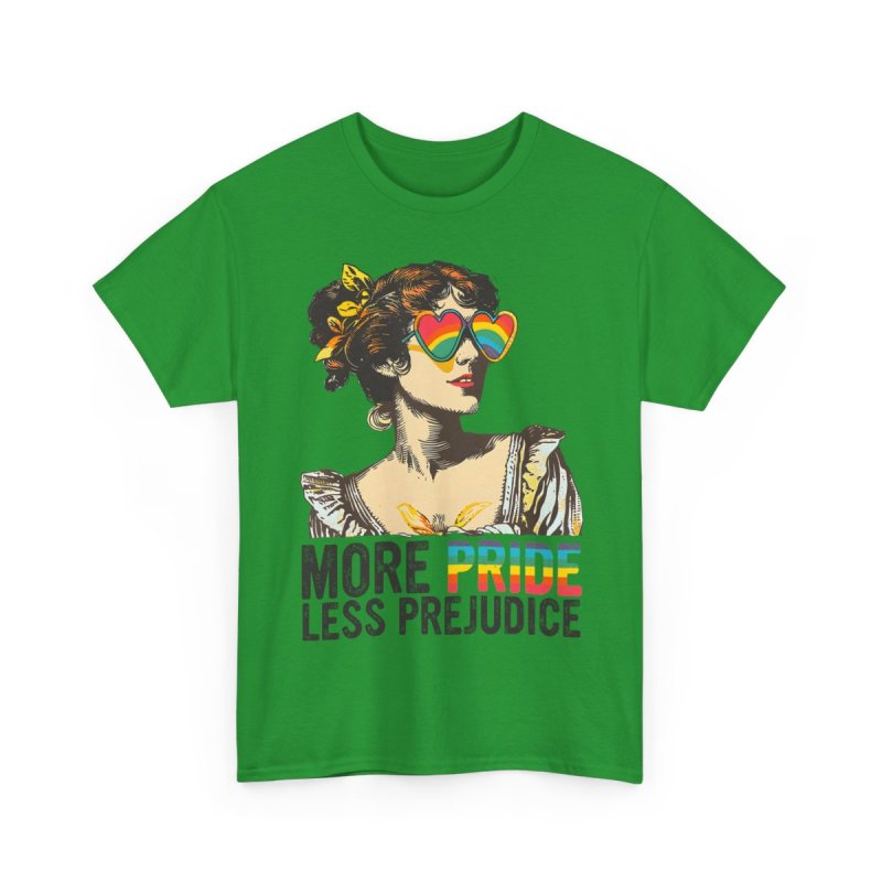 More Pride Less Prejudice LGBT Pride Month | Vintage Regency Woman Rainbow Glasses Graphic T-Shirt | Jane Austen Literary Puns Inclusivity Apparel