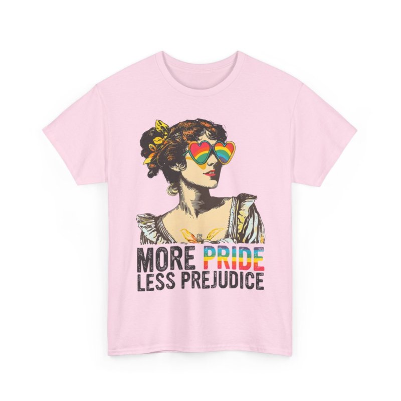 More Pride Less Prejudice LGBT Pride Month | Vintage Regency Woman Rainbow Glasses Graphic T-Shirt | Jane Austen Literary Puns Inclusivity Apparel