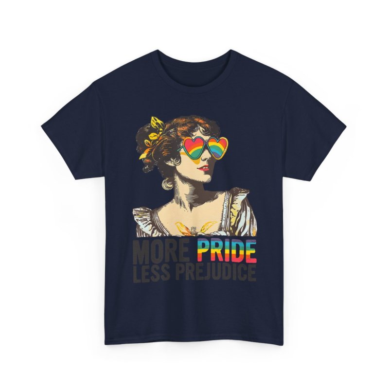 More Pride Less Prejudice LGBT Pride Month | Vintage Regency Woman Rainbow Glasses Graphic T-Shirt | Jane Austen Literary Puns Inclusivity Apparel