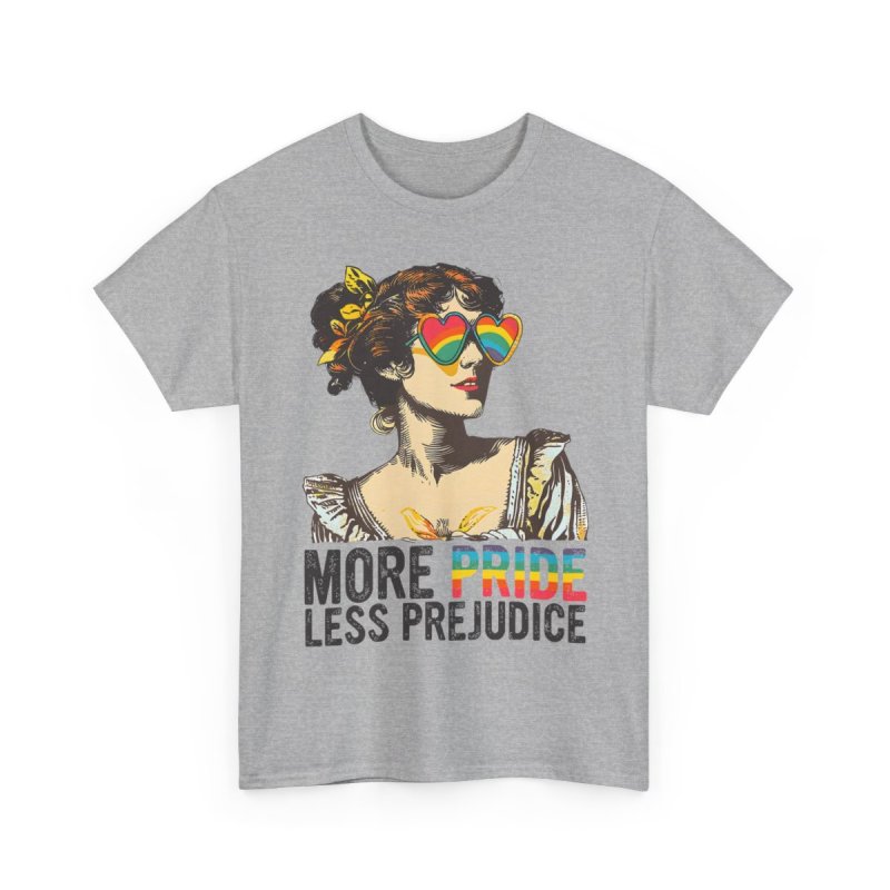 More Pride Less Prejudice LGBT Pride Month | Vintage Regency Woman Rainbow Glasses Graphic T-Shirt | Jane Austen Literary Puns Inclusivity Apparel