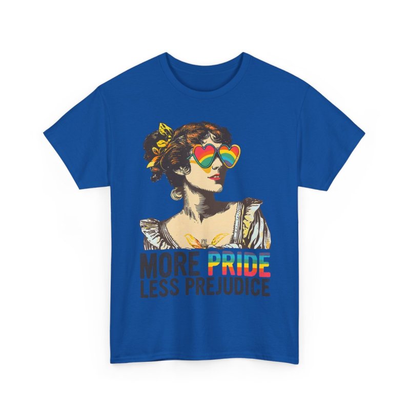 More Pride Less Prejudice LGBT Pride Month | Vintage Regency Woman Rainbow Glasses Graphic T-Shirt | Jane Austen Literary Puns Inclusivity Apparel