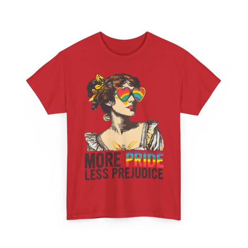 More Pride Less Prejudice LGBT Pride Month | Vintage Regency Woman Rainbow Glasses Graphic T-Shirt | Jane Austen Literary Puns Inclusivity Apparel