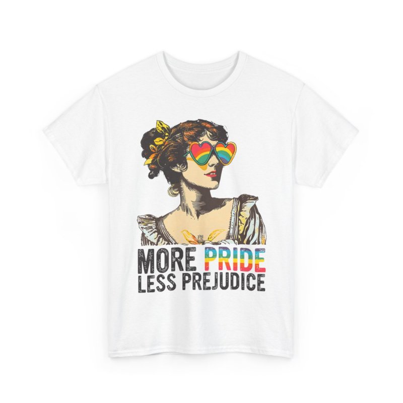 More Pride Less Prejudice LGBT Pride Month | Vintage Regency Woman Rainbow Glasses Graphic T-Shirt | Jane Austen Literary Puns Inclusivity Apparel