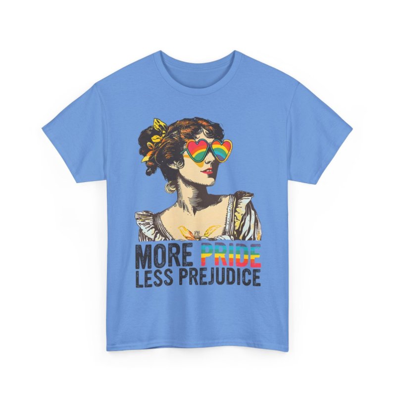 More Pride Less Prejudice LGBT Pride Month | Vintage Regency Woman Rainbow Glasses Graphic T-Shirt | Jane Austen Literary Puns Inclusivity Apparel