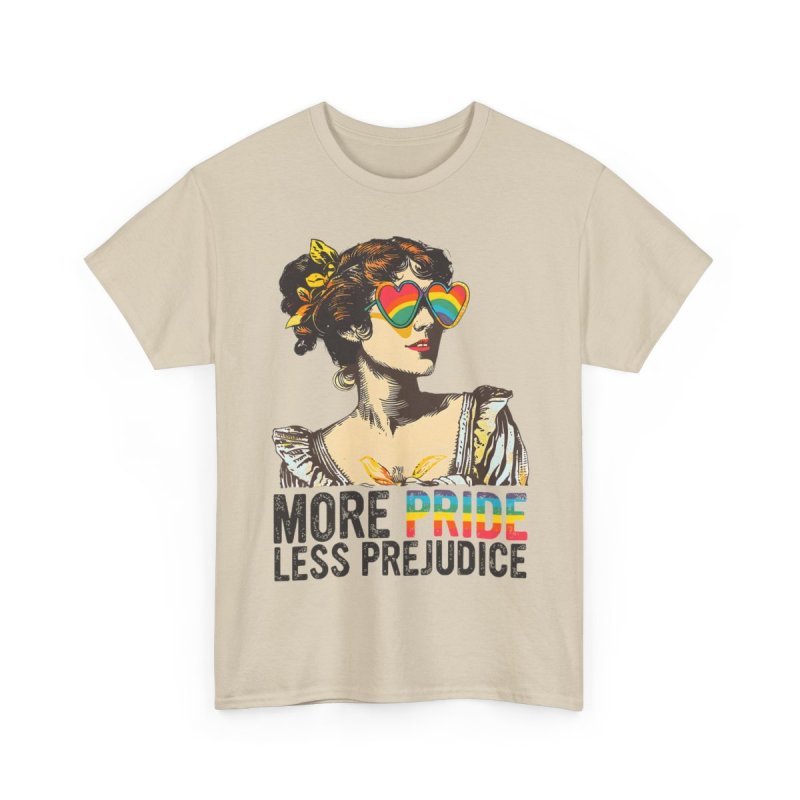 More Pride Less Prejudice LGBT Pride Month | Vintage Regency Woman Rainbow Glasses Graphic T-Shirt | Jane Austen Literary Puns Inclusivity Apparel