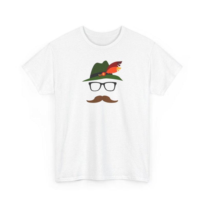 Lederhosen Oktoberfest German Face Glasses Heavy Cotton Tee | Minimalist Alpine Bavarian Hat