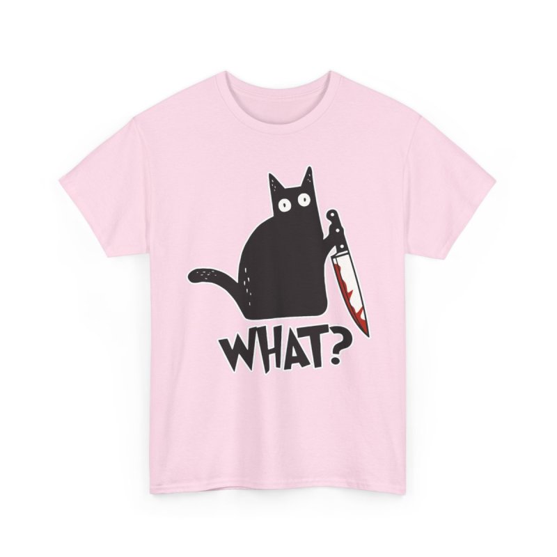 Cat What Murderous Black Cat With Knife Heavy Cotton Tee | Funny Bloody Chef Knife Kitten Graphic T-Shirt | Dark Humor Sarcastic Feline Meme Apparel