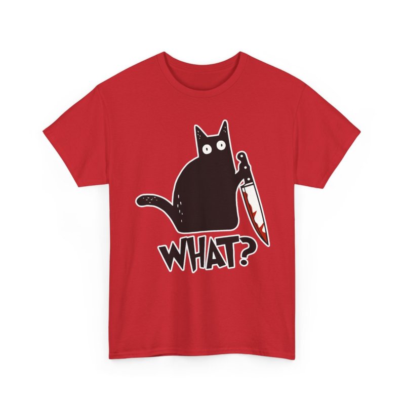 Cat What Murderous Black Cat With Knife Heavy Cotton Tee | Funny Bloody Chef Knife Kitten Graphic T-Shirt | Dark Humor Sarcastic Feline Meme Apparel