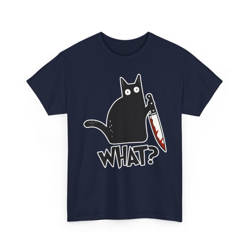 Cat What Murderous Black Cat With Knife Heavy Cotton Tee | Funny Bloody Chef Knife Kitten Graphic T-Shirt | Dark Humor Sarcastic Feline Meme Apparel