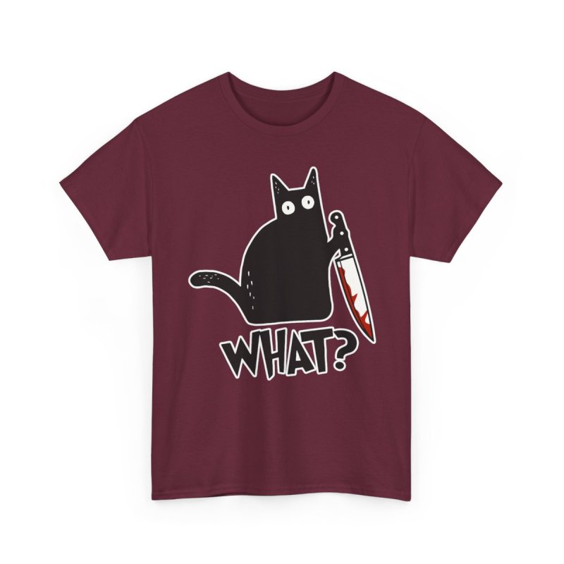 Cat What Murderous Black Cat With Knife Heavy Cotton Tee | Funny Bloody Chef Knife Kitten Graphic T-Shirt | Dark Humor Sarcastic Feline Meme Apparel