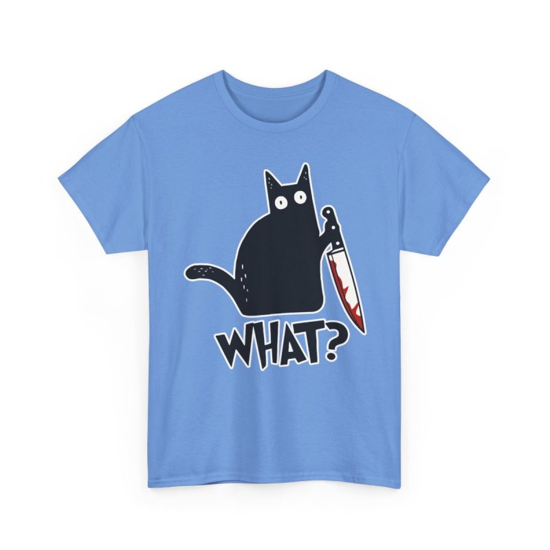 Cat What Murderous Black Cat With Knife Heavy Cotton Tee | Funny Bloody Chef Knife Kitten Graphic T-Shirt | Dark Humor Sarcastic Feline Meme Apparel