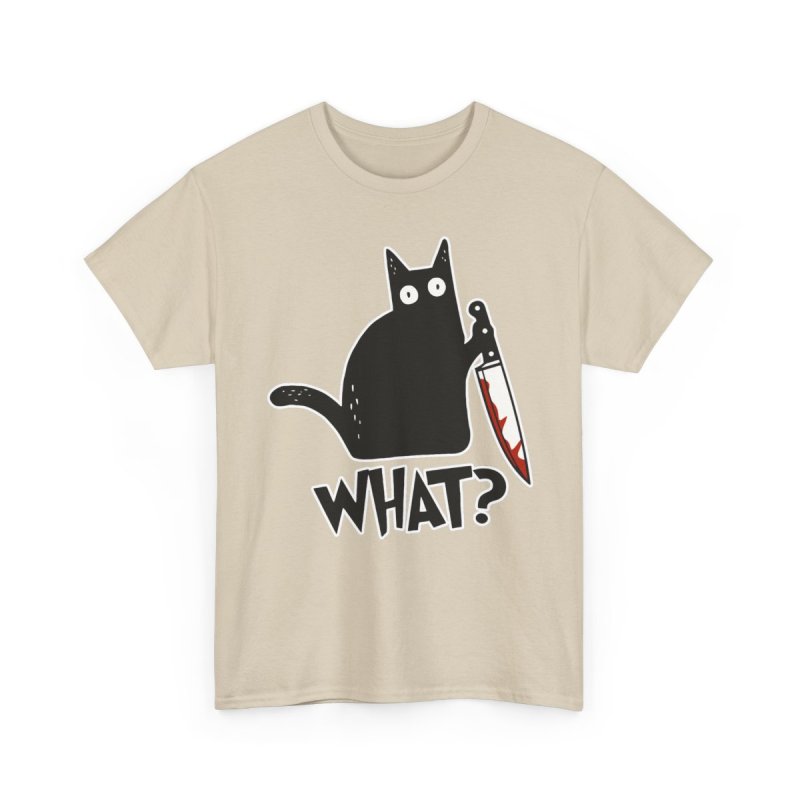 Cat What Murderous Black Cat With Knife Heavy Cotton Tee | Funny Bloody Chef Knife Kitten Graphic T-Shirt | Dark Humor Sarcastic Feline Meme Apparel