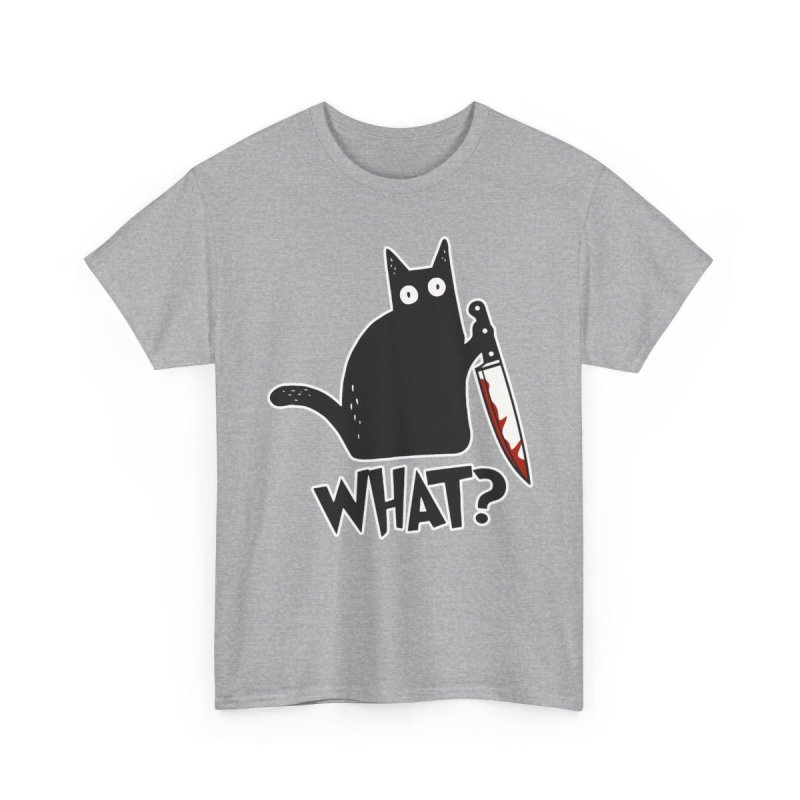 Cat What Murderous Black Cat With Knife Heavy Cotton Tee | Funny Bloody Chef Knife Kitten Graphic T-Shirt | Dark Humor Sarcastic Feline Meme Apparel
