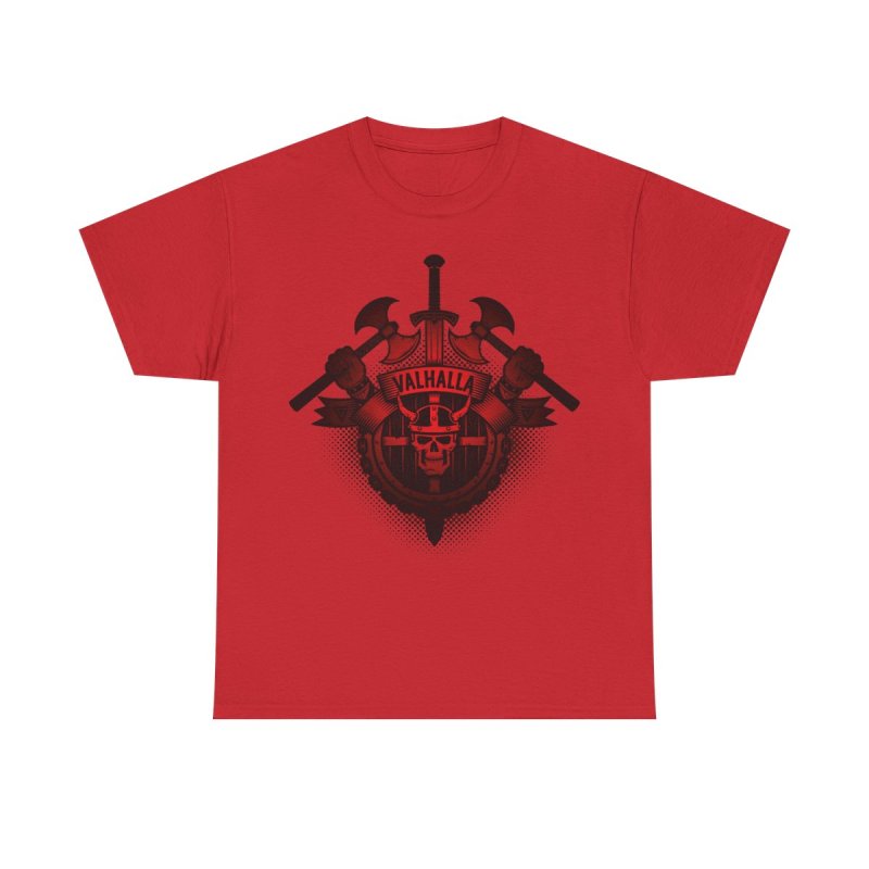 Vikings Valhalla Skull T-Shirt | Red Norse Warrior Graphic Tee | Crossed Battle Axes & Viking Helmet Shirt