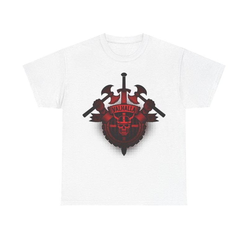Vikings Valhalla Skull T-Shirt | Red Norse Warrior Graphic Tee | Crossed Battle Axes & Viking Helmet Shirt