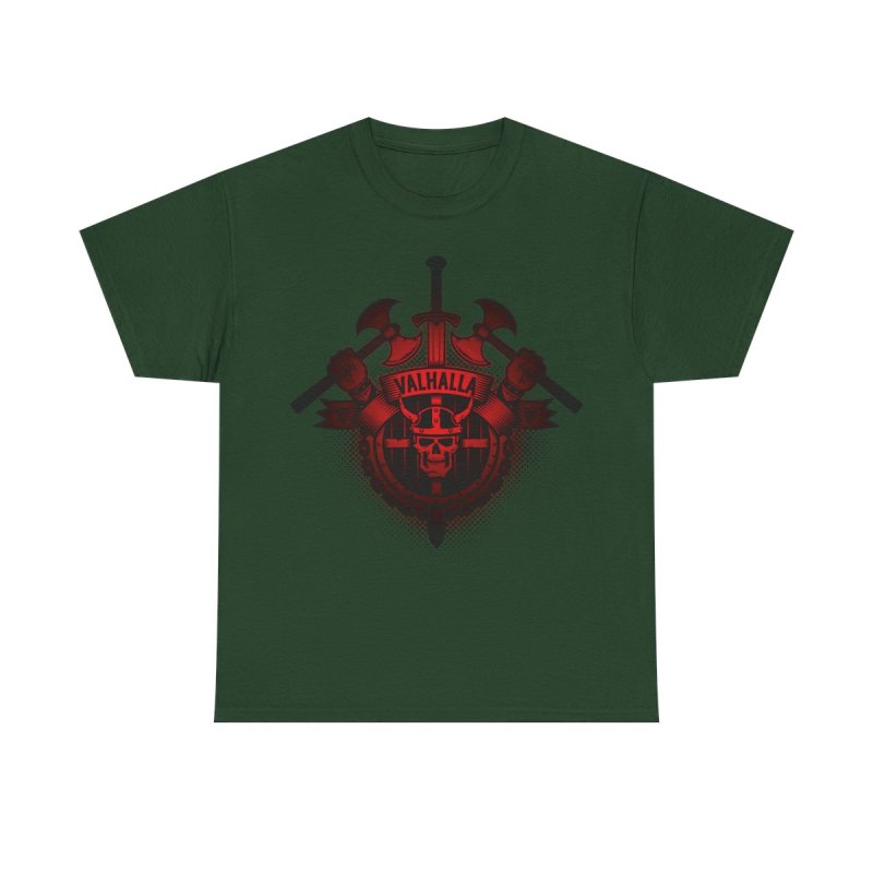 Vikings Valhalla Skull T-Shirt | Red Norse Warrior Graphic Tee | Crossed Battle Axes & Viking Helmet Shirt