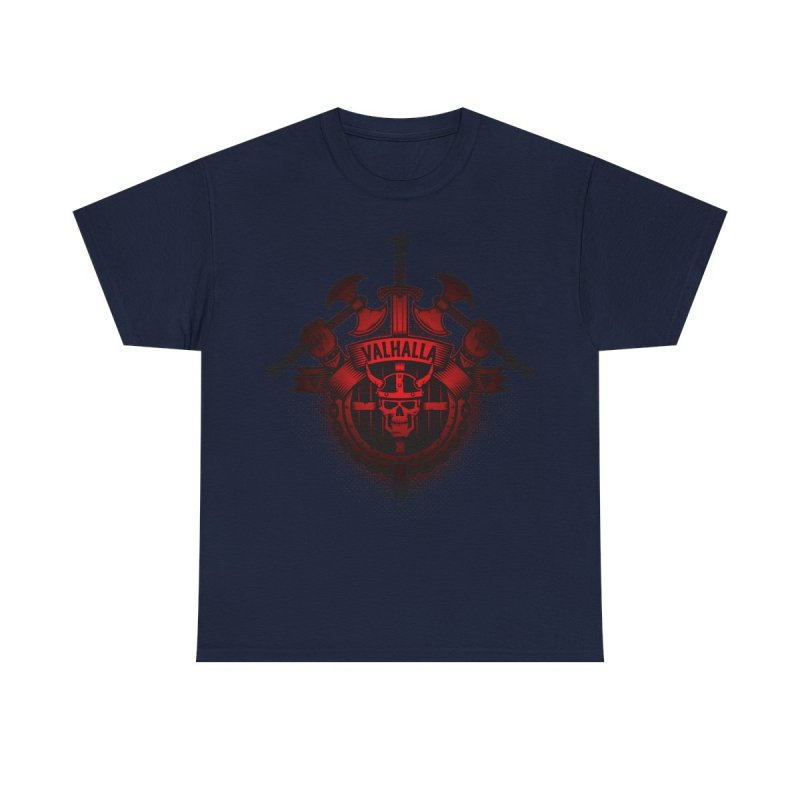 Vikings Valhalla Skull T-Shirt | Red Norse Warrior Graphic Tee | Crossed Battle Axes & Viking Helmet Shirt