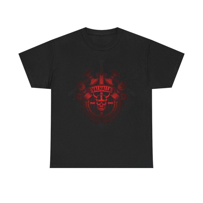 Vikings Valhalla Skull T-Shirt | Red Norse Warrior Graphic Tee | Crossed Battle Axes & Viking Helmet Shirt