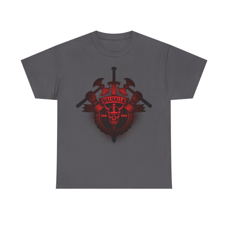 Vikings Valhalla Skull T-Shirt | Red Norse Warrior Graphic Tee | Crossed Battle Axes & Viking Helmet Shirt